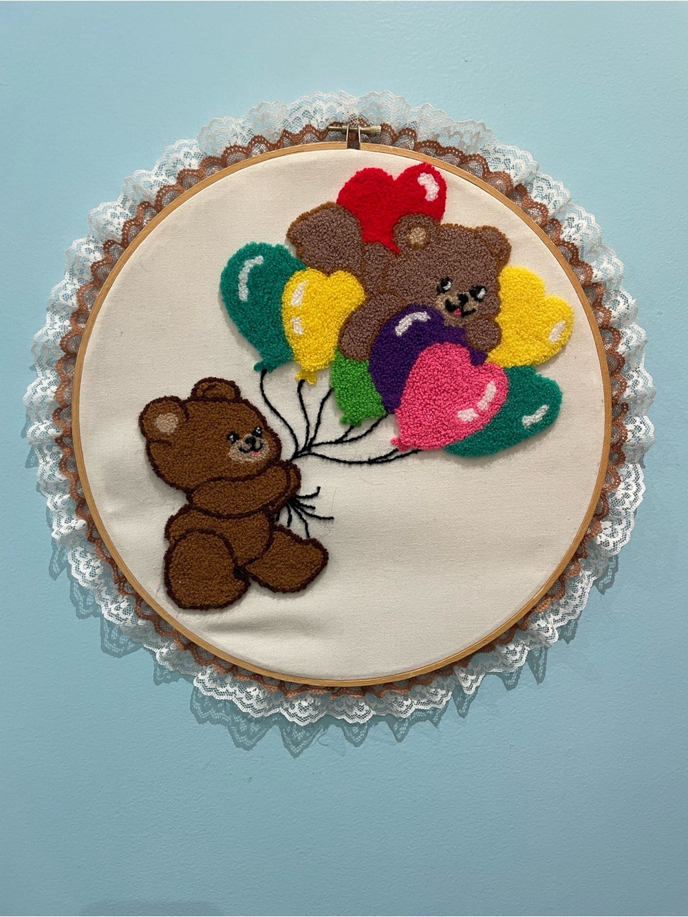Handmade Brown Bear Punch Needle Wall Art with Colorful Balloons